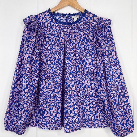 J Crew Factory Ruffle Shoulder Floral Top Long Sleeve 2022 Size Medium Blue Pink - Picture 1 of 16